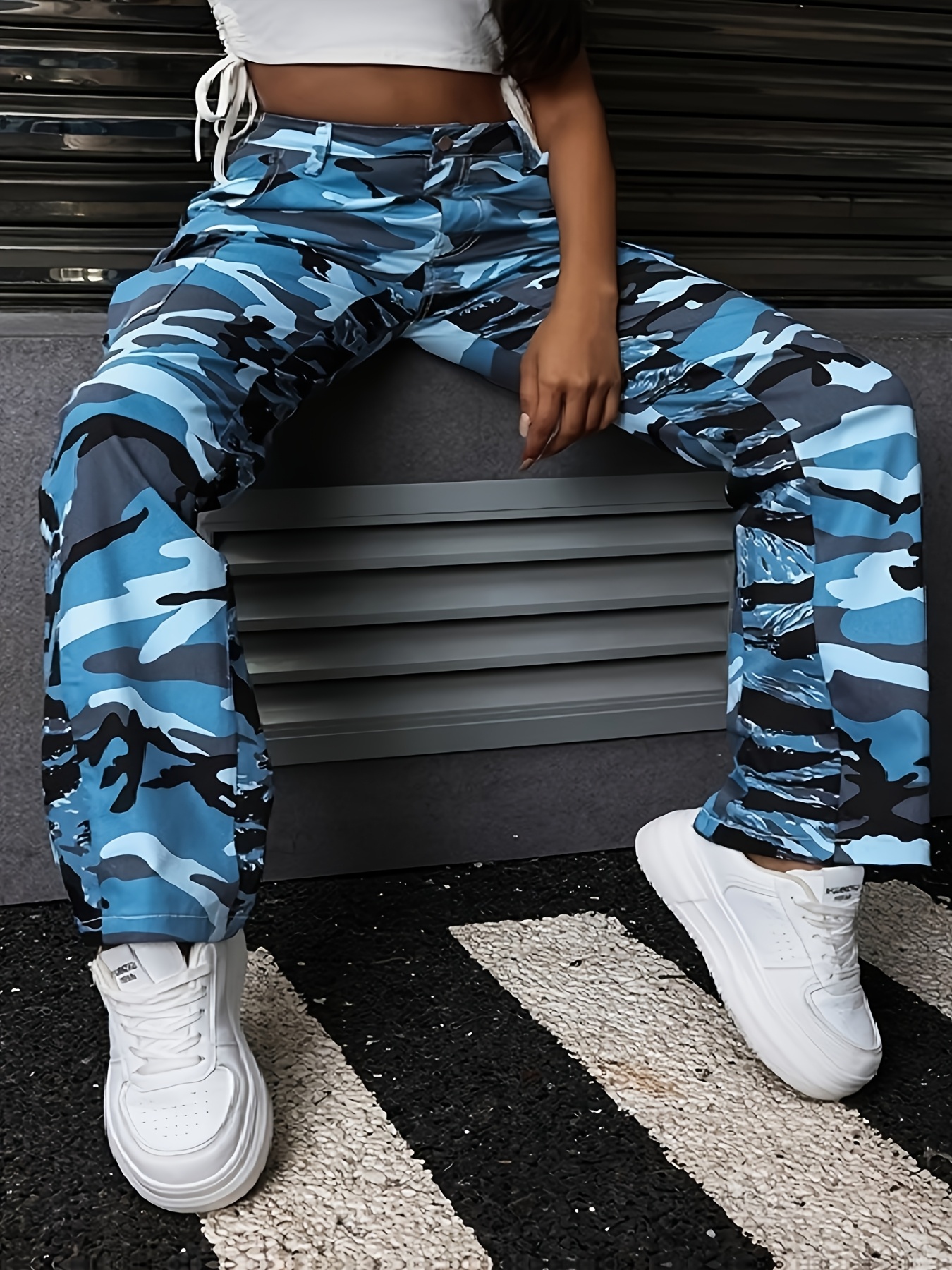 womens plus size camo print cargo pants elastic waistband Temu