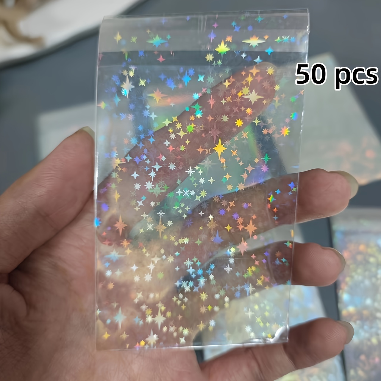 50 Transparent Laser Colorful Jewelry Bags, Heart-shaped Gradient Transparent Opp Bags For Jewelry Protection, Shiny Card Film, Color-changing Photo Card Protective Film