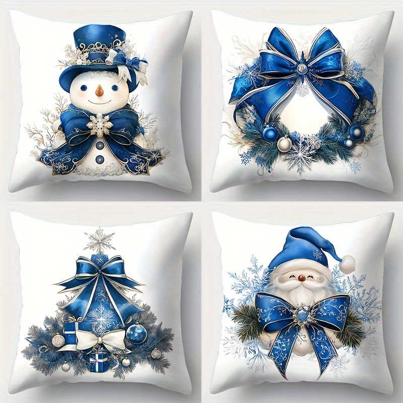 

4pcs Christmas , Snowman Bow Pattern, , 18x18 - Suitable For Car Sofa Types -