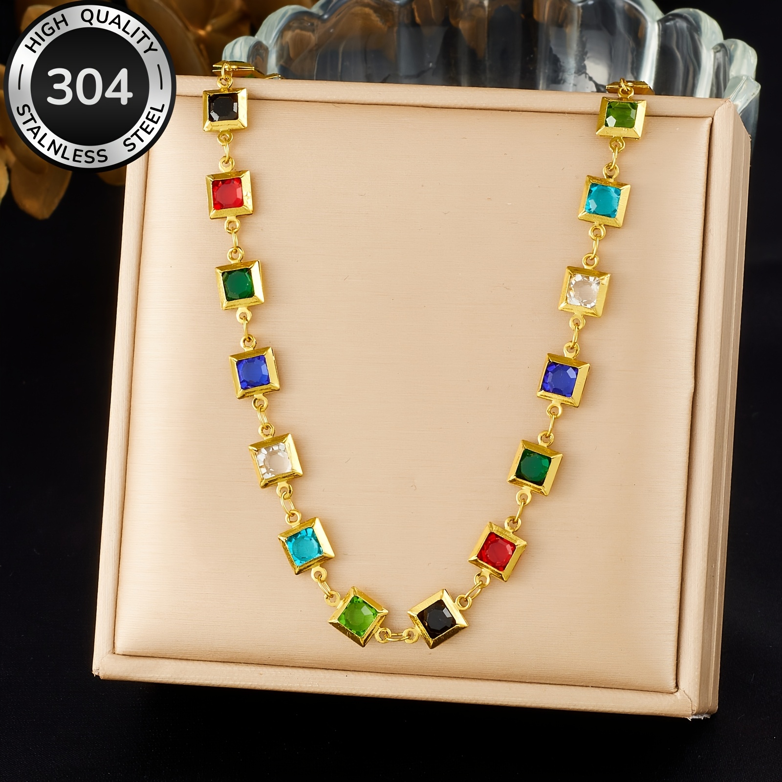 TEMU 304 Stainless Steel Colored Square Rhinestone Necklace, Retro And Niche Bohemian Elegant, Light Luxury Simple And Mature Temperament, Versatile