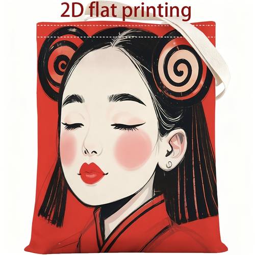 1 mens canvas tote bag unisex 2d flat print chinese classical charm double bun red lip oriental beauty china chic illustration print large capacity canvas bag student bento bag portable shopping bag commuting essential