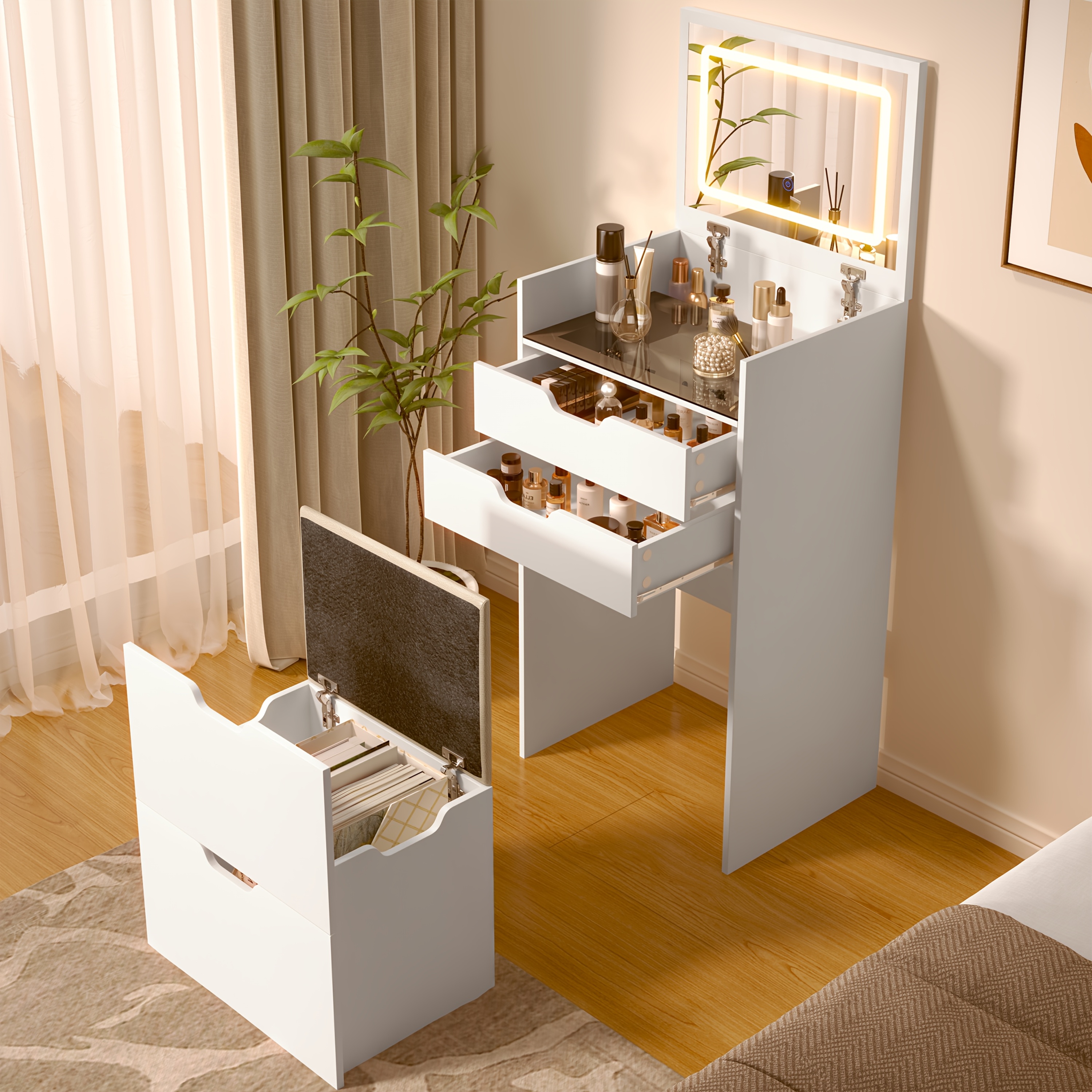 TEMU 3-in-1 Modern White Vanity Table With Flip Mirror & Cushioned Stool - Compact Makeup Desk Suitable For Bedroom, Apartment, Dorm, Small Space