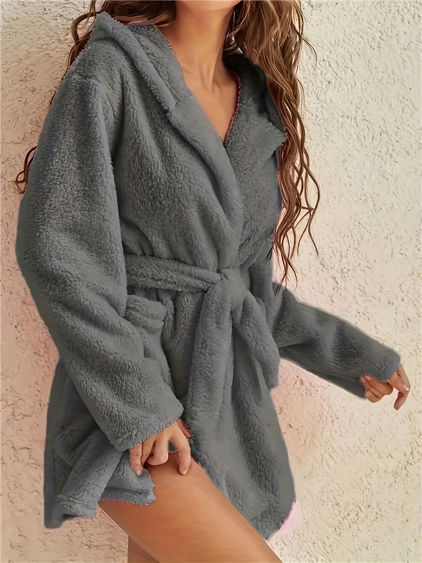 womens plush fleece bathrobe winter warm robe towel pocket Temu