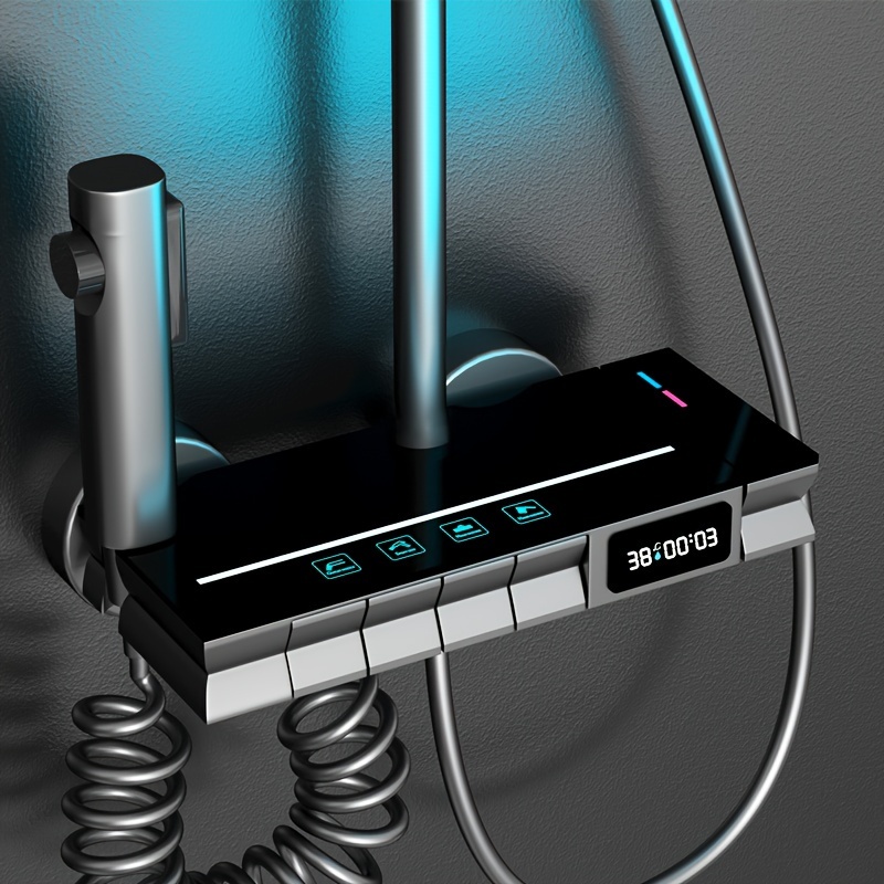 1 rinkinys Prabangus LED dušo komplektas Vonios kambariui Modernus pianino klavišų dušo sistema su 30.48cm lietaus dušo galvute ir rankiniu purkštuku, Sieniniai dušo įrenginiai, Pistoletinės pilkos spalvos dušo komplektai su skaitmeniniu temperatūros rodymu