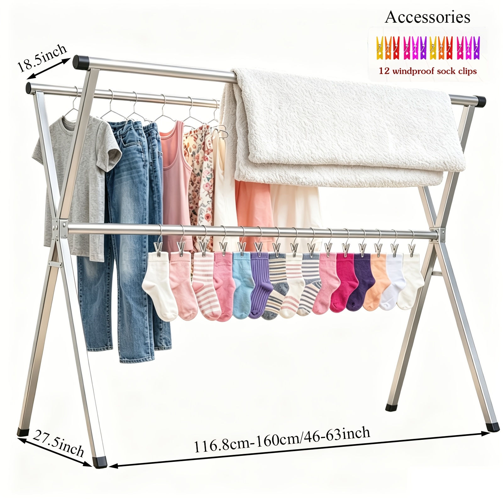 TEMU Heavy-duty Stainless Steel Clothes Rack Adjustable Length, Foldable, Large Capacity, Space-saving, With 3 Drying Rods. Ideal For Patios, , And