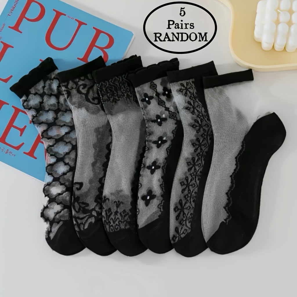 Image of 5 Pairs Of Random Styles, Floral Patterns, Summer Lightweight Stockings, Glass Thread Floral Socks, Solid Color, Minimalist Crystal Socks, Breathable Mid-calf Socks