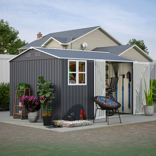 12x10ft 10x8ft outdoor storage shed steel garden shed featuring and transparent window secure doors weatherproof metal tool storage for backyard garden patio and lawn gray