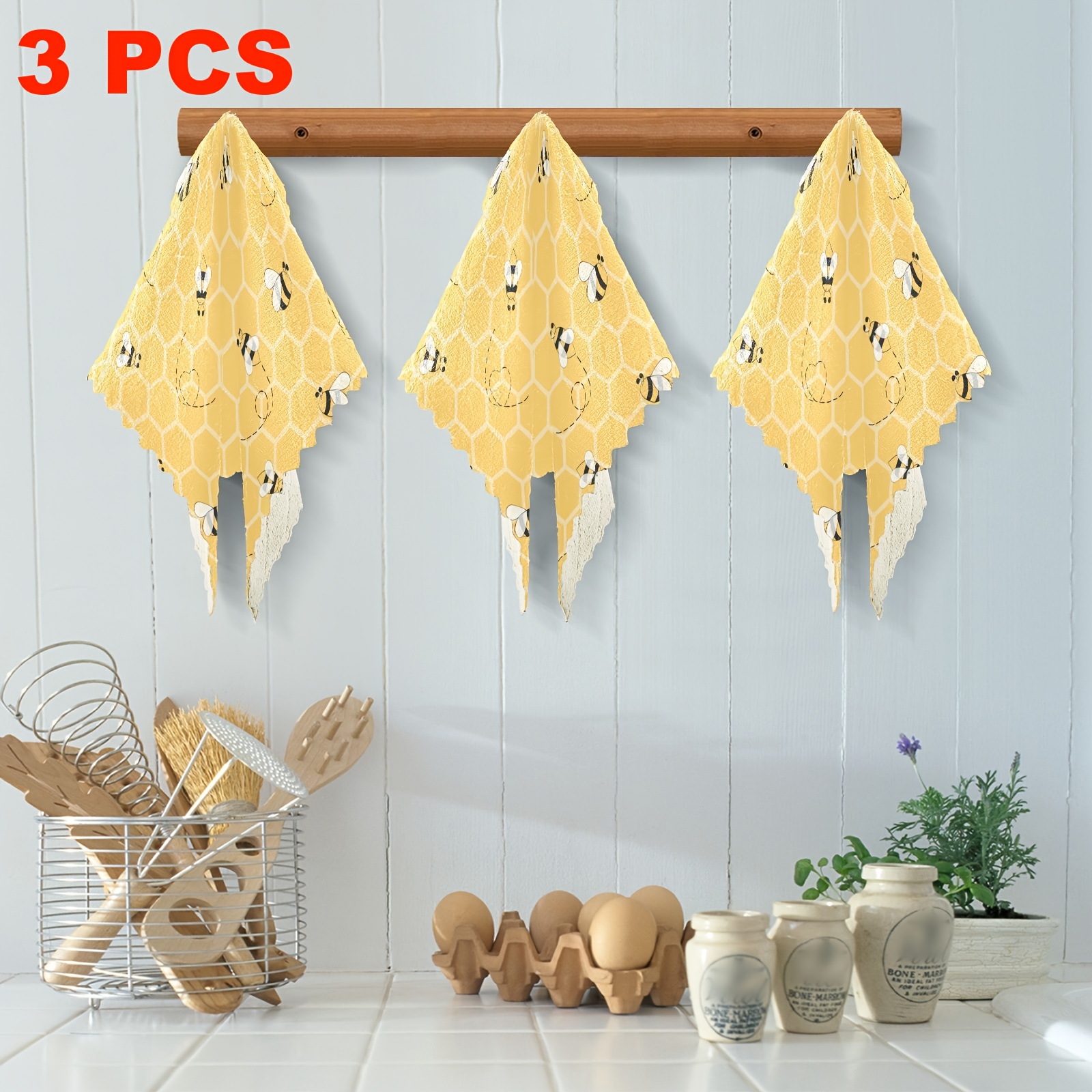 Set Of 3/6 Kitchen Dishcloths Featuring A Bee Pattern, Reusable Cleaning Cloths Made Of Microfiber, Absorbent And Easy To Clean, Thick And Fleece,