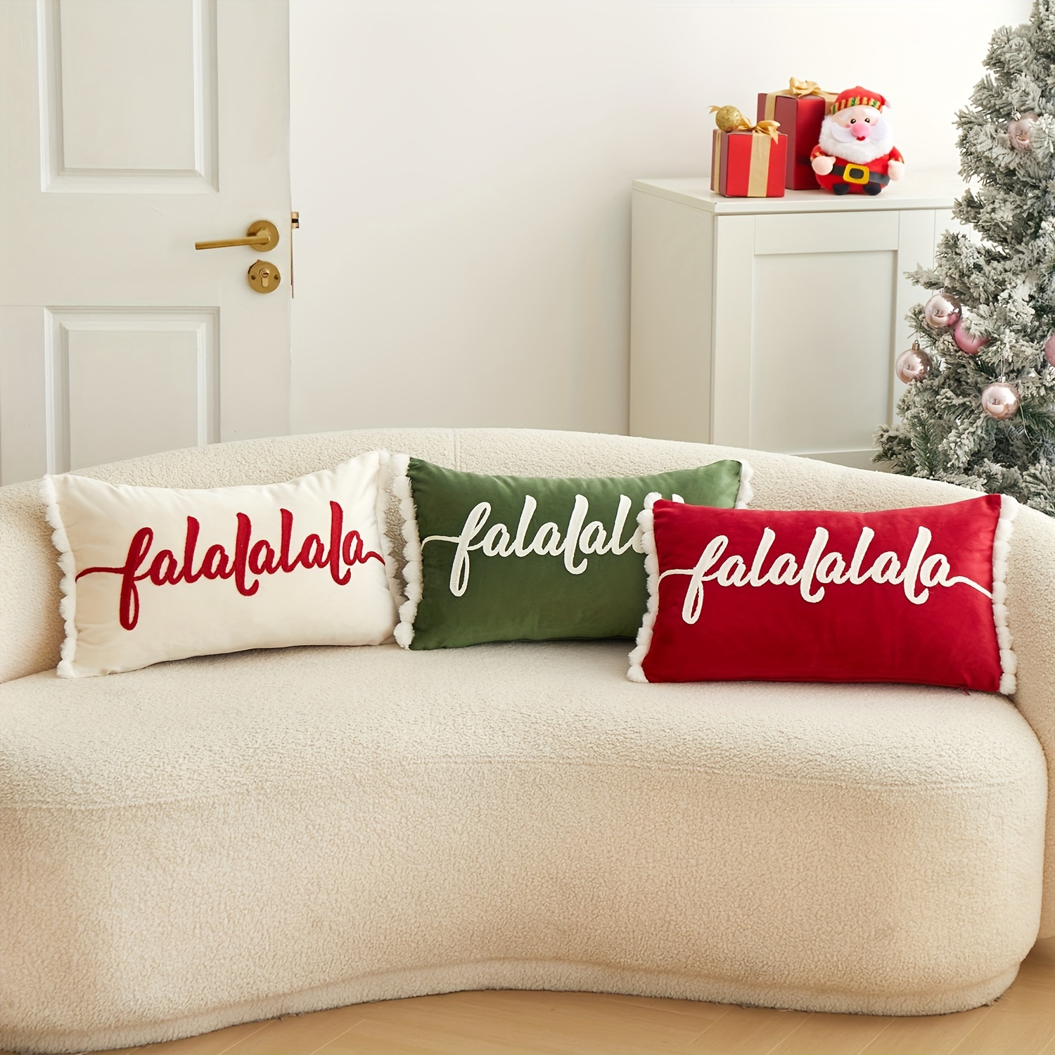 

1pc Christmas Letter Falalala Embroidered Pillowcase, Suitable For Indoor Decoration, Christmas Decoration Pillowcase, Without