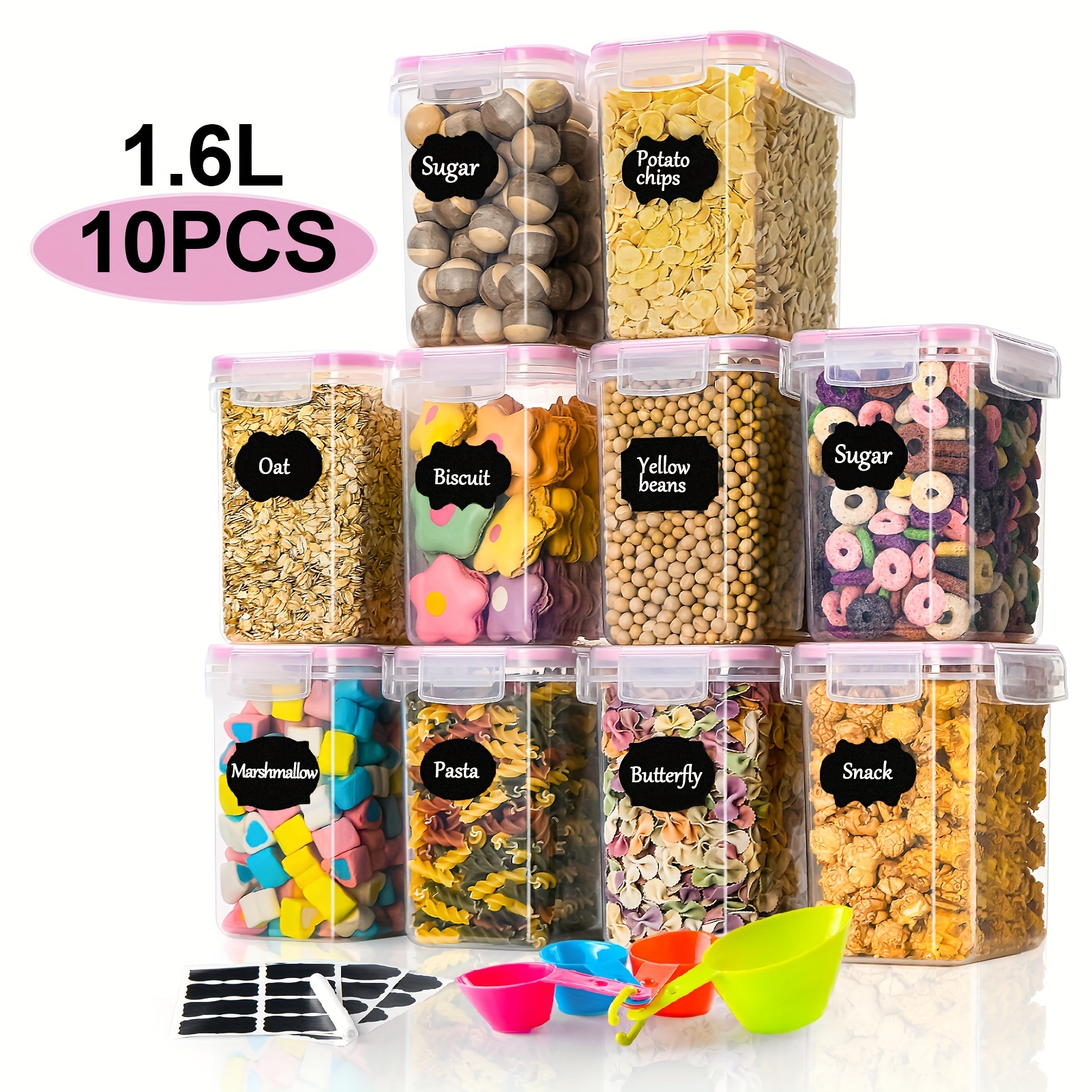 

10 Food Storage For Kitchen Pantry Organization And Storage, Bpa Free, Plastic Set For , Pasta, Flour & - Spoon Set, Labels &