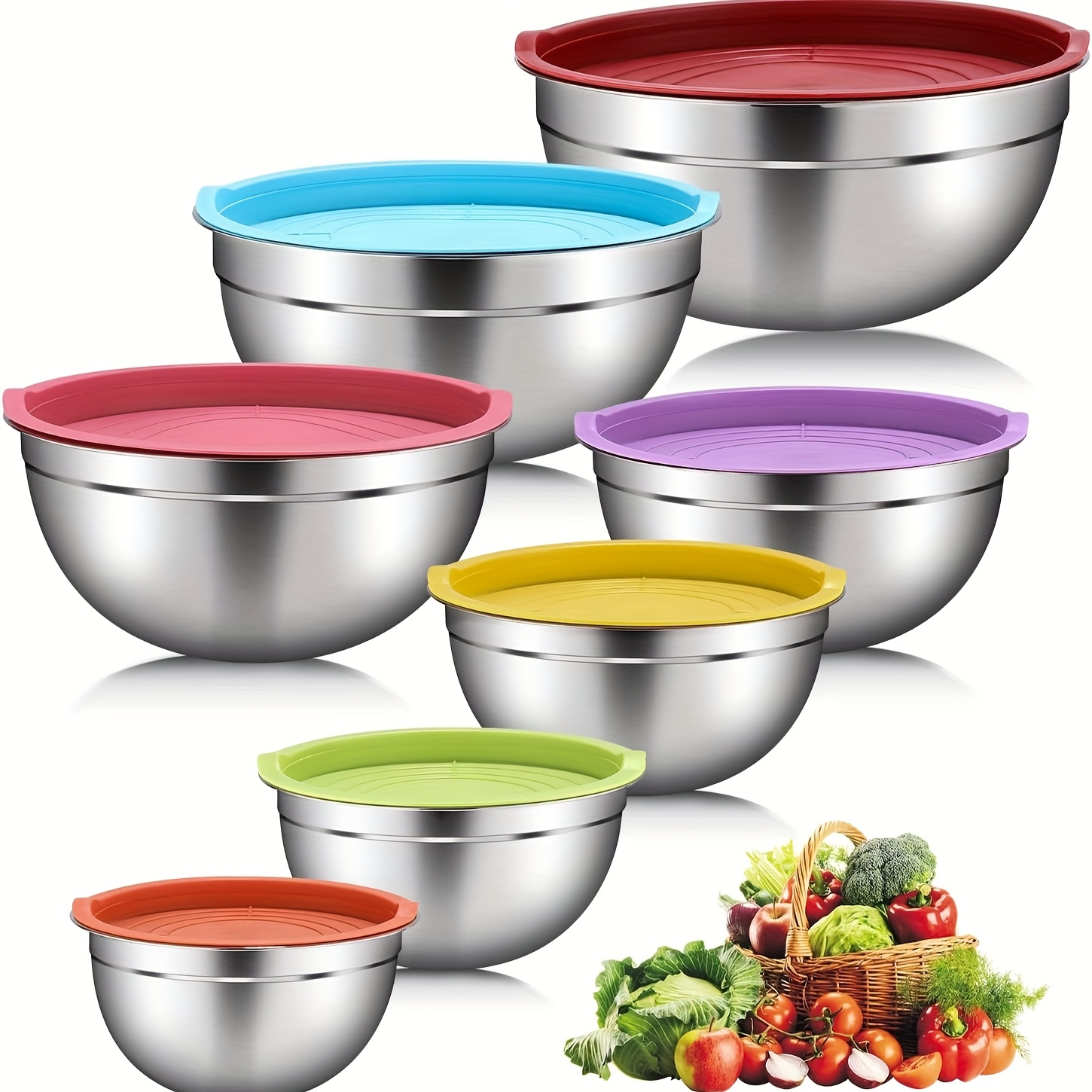 E-shop 21-teiliges Salatschüssel-Set mit Deckel, 7 Edelstahl-Mischschüsseln, 3 Mischwerkzeuge, 6 Messlöffel, 5 praktische Küchenhelfer. Rutschfeste
