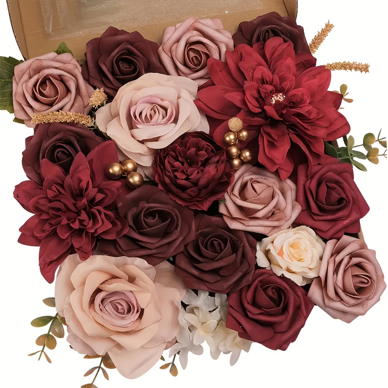 Image of Artificial Wine Red Flower Box Set Simulation Flower Wholesale Wedding Halloween Flower Combination Synthetic Gemstone Center Decoration Bouquet Home Decoration (wine Red And Dust Pink)