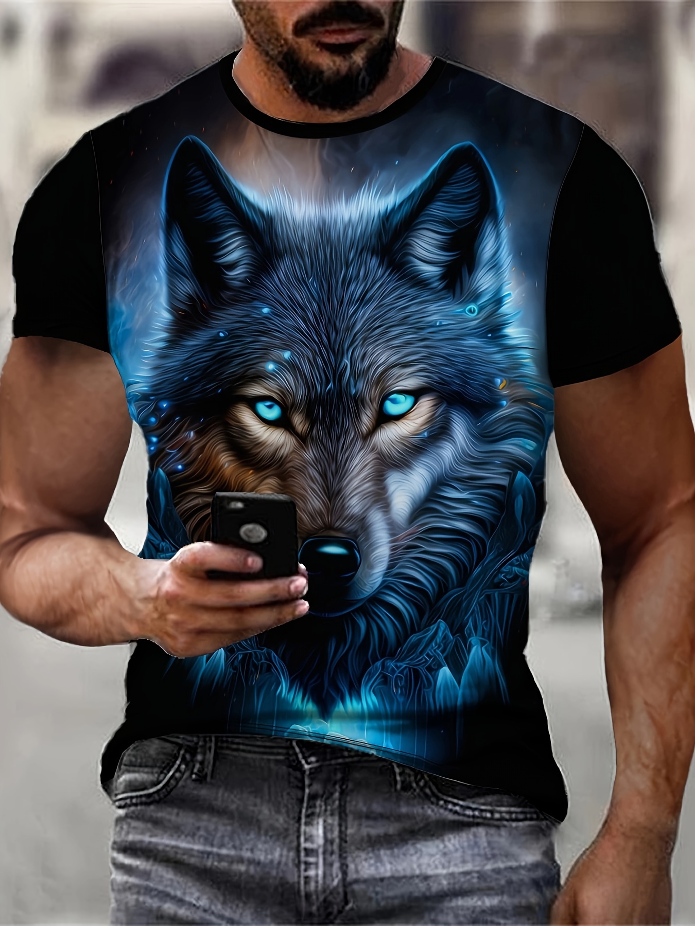 mens 3d printed wolf graphic t shirt black casual short sleeve summer tee with   eyes mystical night design breathable round neck outdoor top for adults wolf t shirt casual attire   detailed print quality navy blue 0