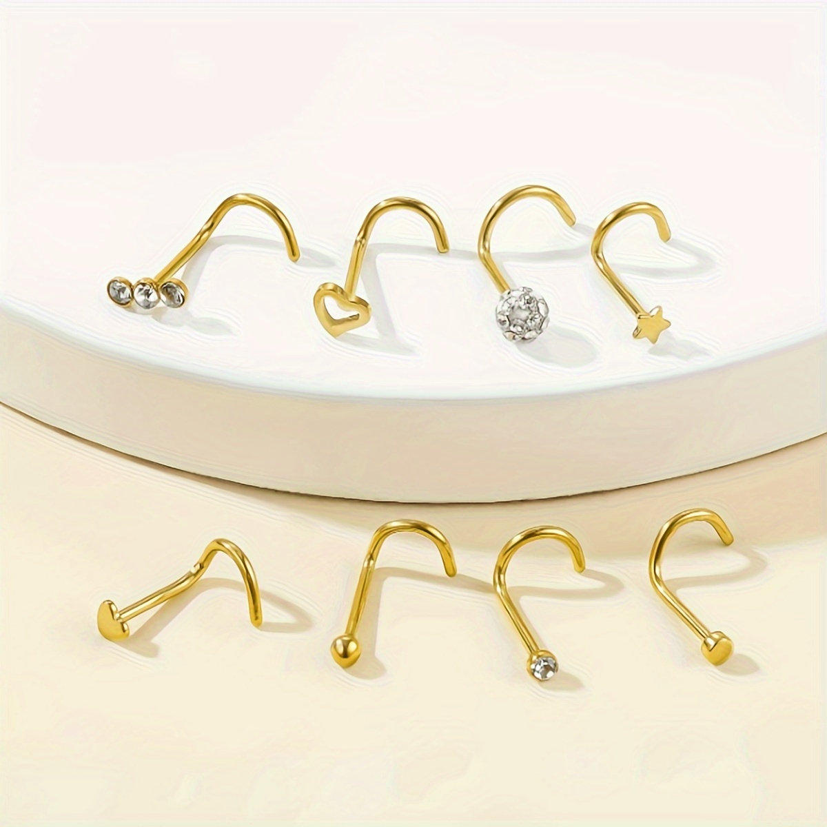 

18k Gold Plated Simple Nose Ring Set, 8 Pcs Stainless Steel Spiral Nostril Studs With Rhinestones, Fashion Daily & Party Wear Jewelry Accessories For All Seasons