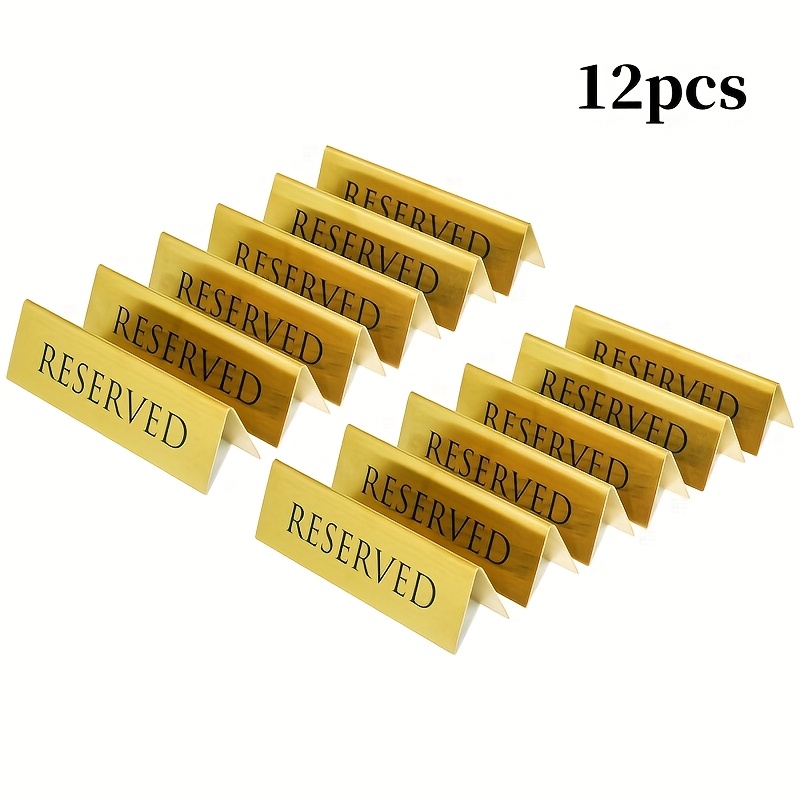 Image of 6/12pcs Golden Metal Table Top Reserved Sign For Restaurants, Wedding, Ceremony , Double Sided Tent, 5.9x1.57 Inches, Festival, Valentine's Day