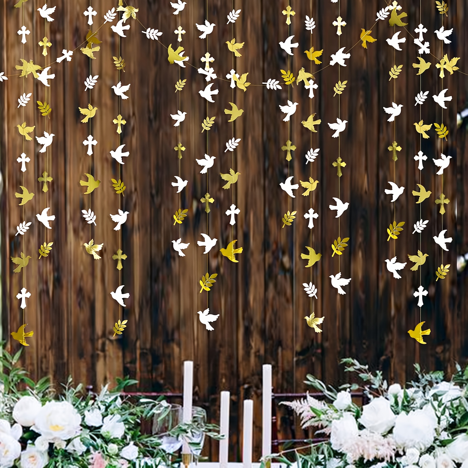1 pieza, anillo de cinta de flores de papel de 4 metros con     dorada y  ,   de   y cruz, ideal para   de  ,  , baby showers,  , compromisos, primera comunión, religión, cristianismo, bautizos y decoración de fiestas de té