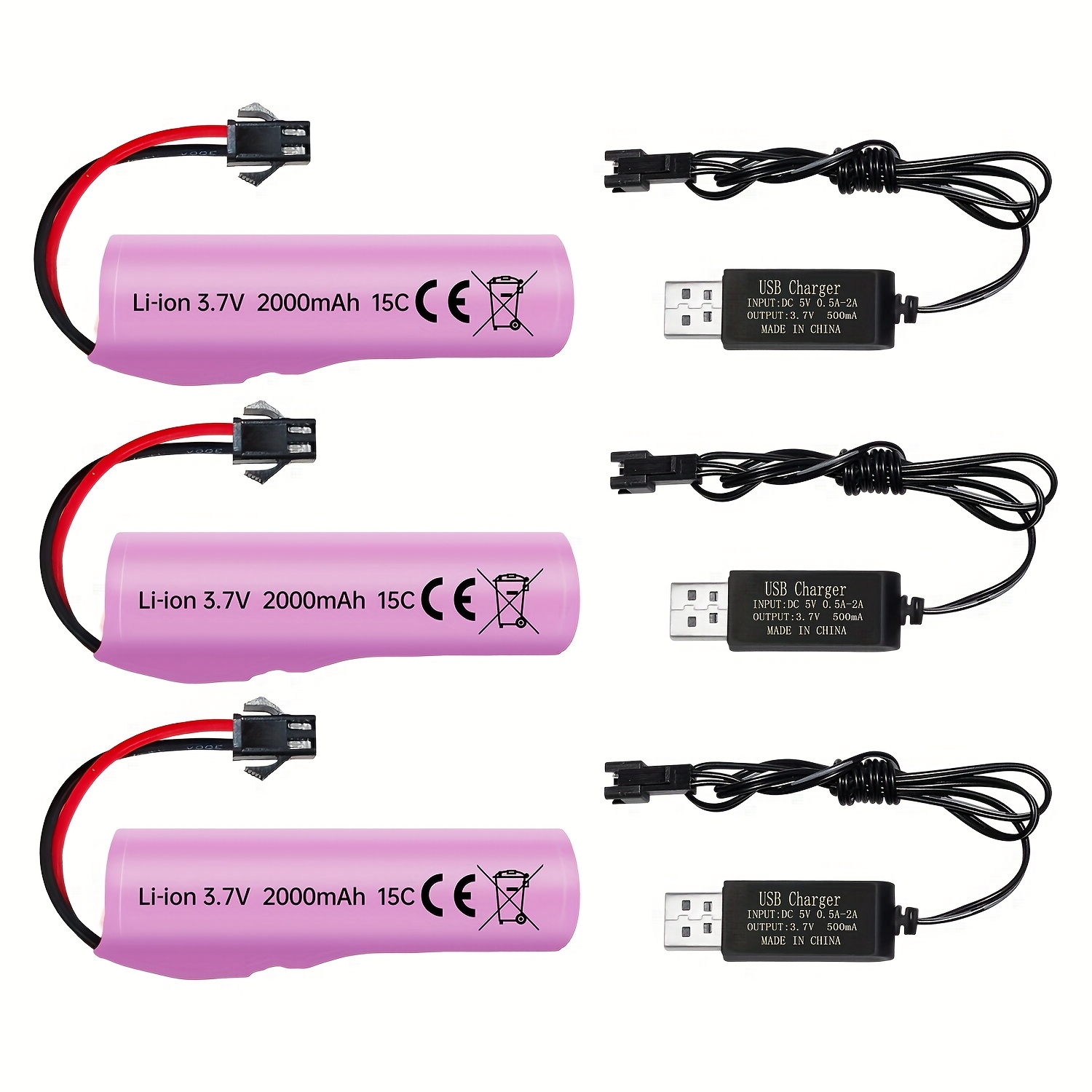 TEMU 3pcs 3.7v 2000mah Li- Sm-2p Plug With Usb Charger Suitable For Double-sided Remote Control Stunt Truck Rc Car De68 De44 De45 De58 De49 De57 De70