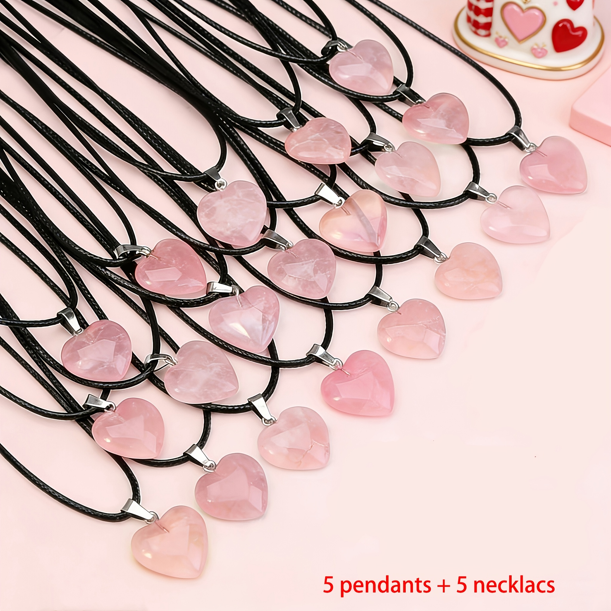 TEMU 10pcs Set Of -shaped Natural Stone Pendants, Pink Natural Crystal Heart-shaped Pendant With Black Necklace Cord, Suitable For Necklace Jewelry
