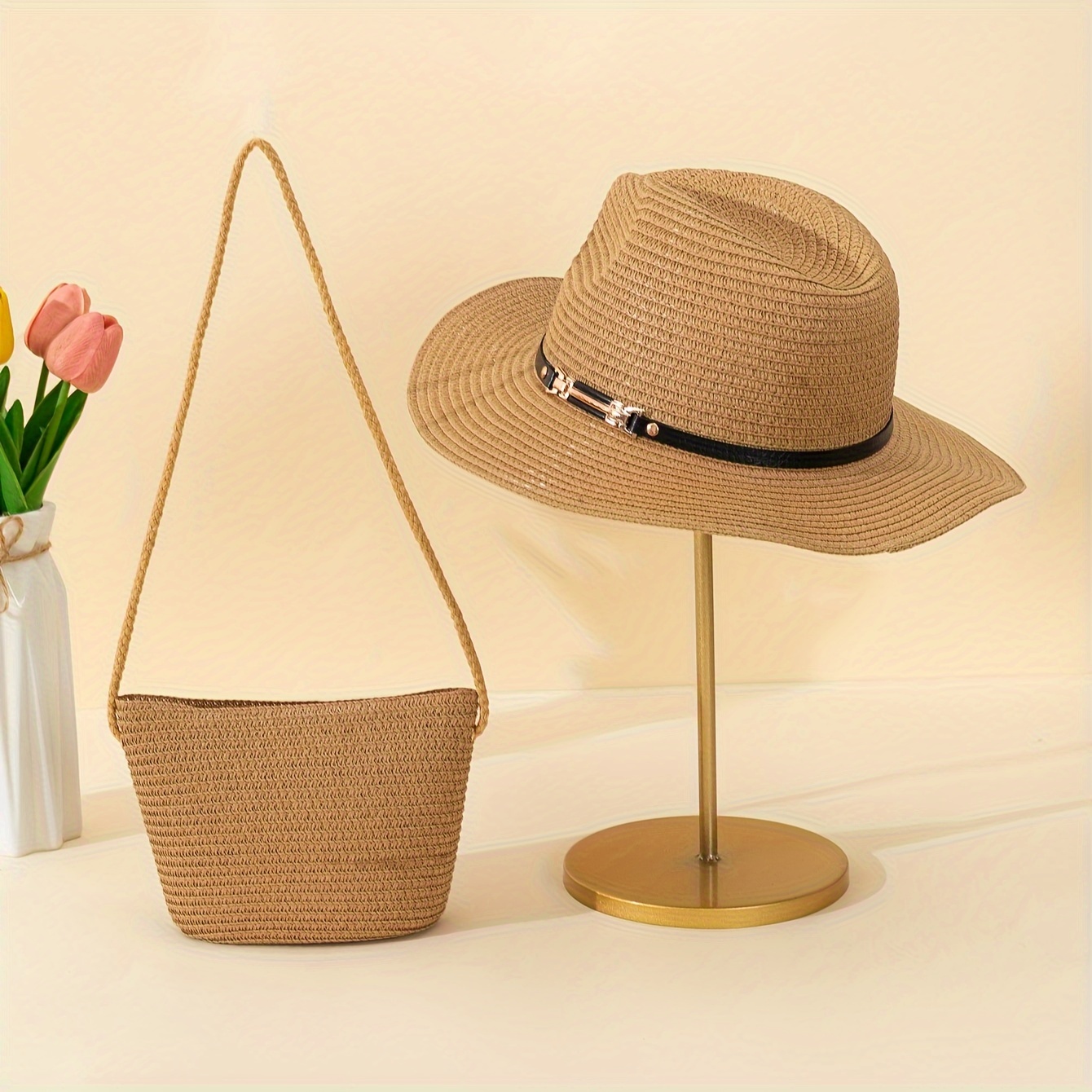 

2 Pcs Women Universal Belt Decor Simple Fashion Hat Sun Hat & Crossbody Straw Bag For Outdoor Beach Vacation Sun Protection Sunshade Dressing, Wedding Season Dressing, Travel Casual Dressing