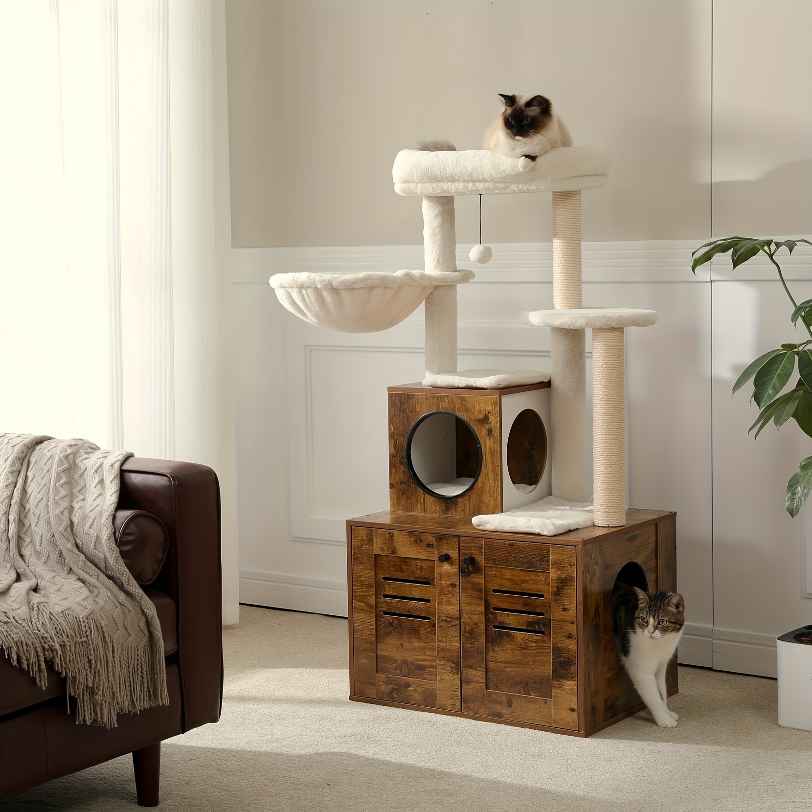 

Pawzroad 50" Modern Cat Tree With Litter Box Enclosure For Indoor Cat Tower For Large/fat Cats With Condo, Wooden Cat Furniture With Large Hammock And Top Perch, Rustic Brown Beige