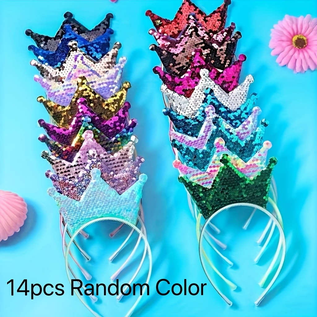 Random 14pcs Glitter Sequin Crown Headbands With Multicolor Sparkle Headbands - Bohemian Party Hair Additions For Women And, Christmas, Birthday Party Gifts, Prom, Costume Events, , No Feathers