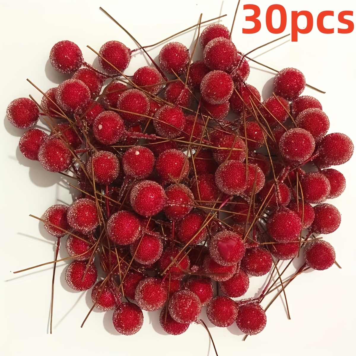 TEMU 30pcs Artificial And Holly Christmas Decoration Additions With Red Decorative Balls, Durable Plastic Fruits, Used For Festive Home Decoration,