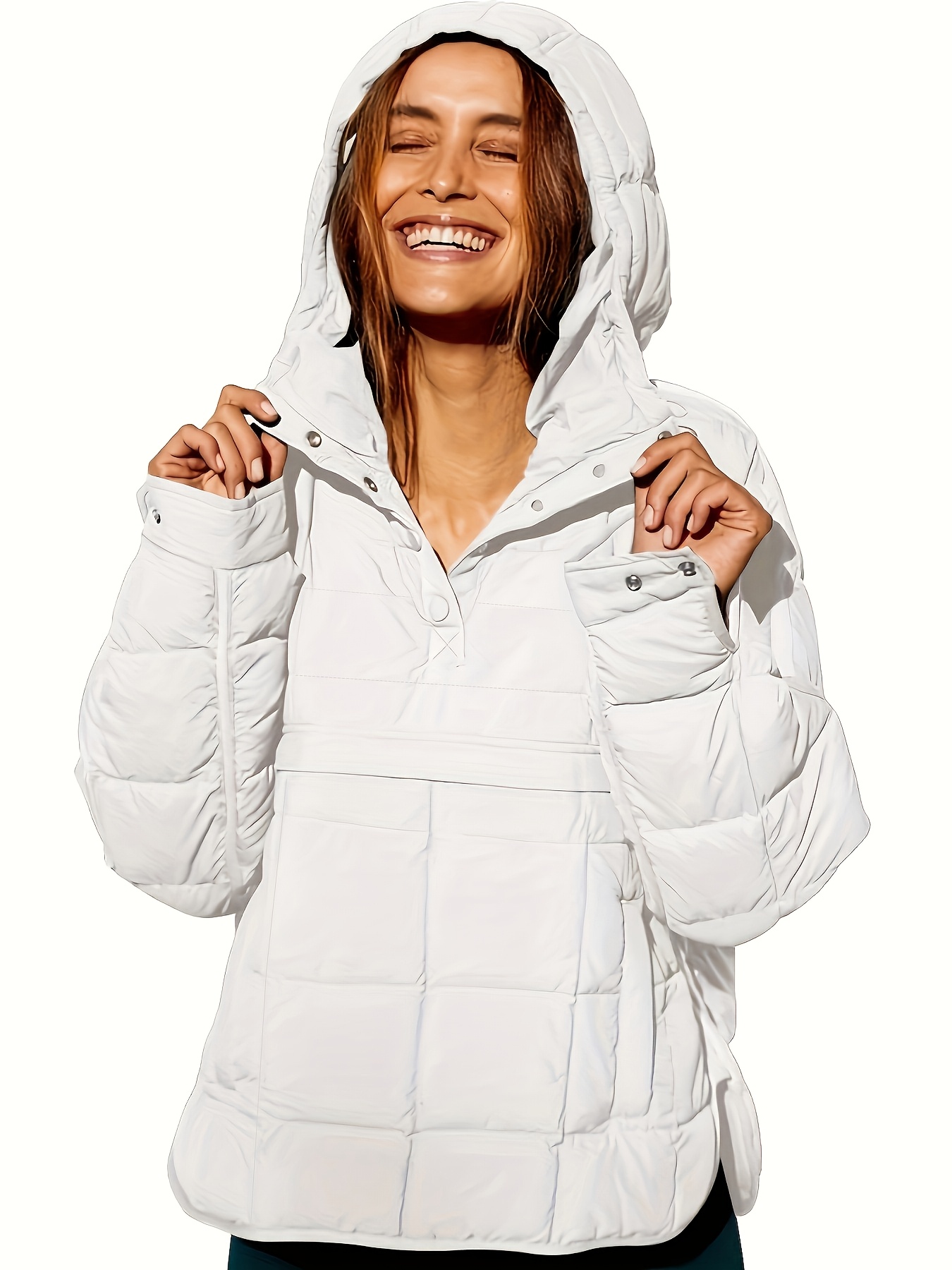 womens lightweight quilted hooded puffer jacket warm long sleeve pullover coat for fall winter beige oversized fit   machine washable casual winter wear trendy puffer jacket glossy fabric cute jacket