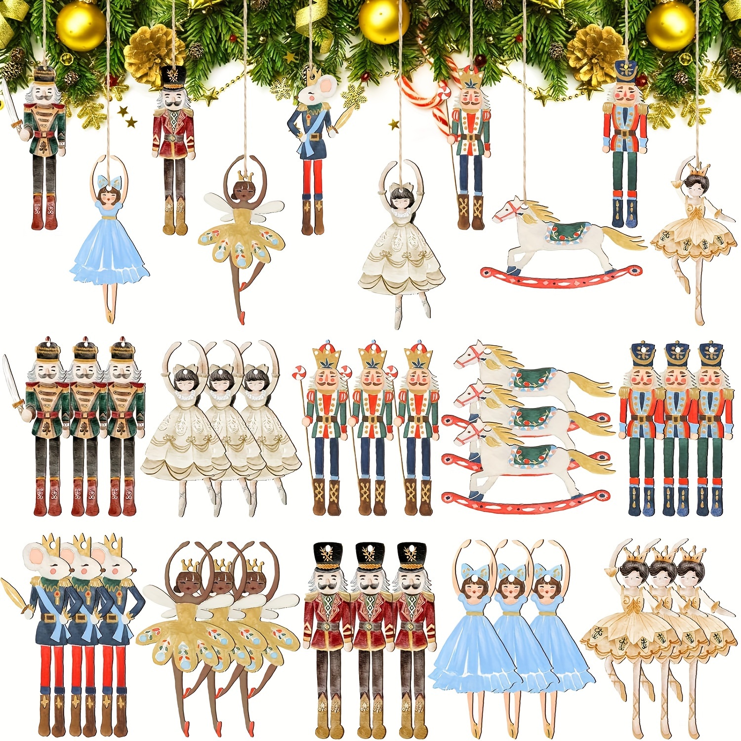 

30-piece Rustic Wooden Nutcracker Ornament Set, Christmas Tree Hanging Decor With Princess, Ballerina, Mouse, King, Soldier Figures, Holiday Party Gift, Vintage Style, No Power Needed