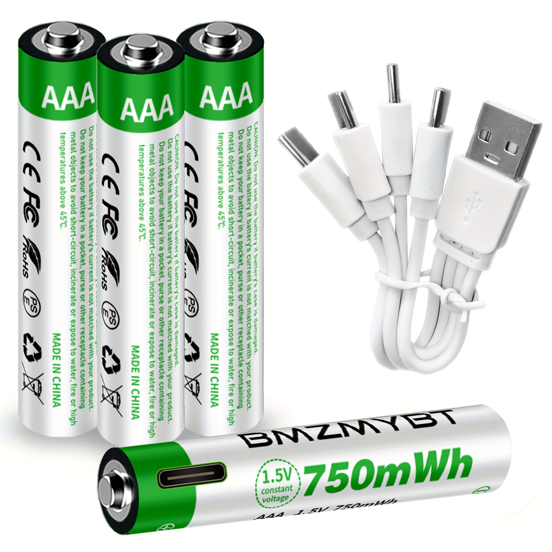 E-shop 4er-Pack AAA Batterien, USB/Type-C AAA Wiederaufladbare Lithium-Ionen-Batterie, Hohe Kapazität 1,5V 500mAh 750mWh Wiederaufladbare