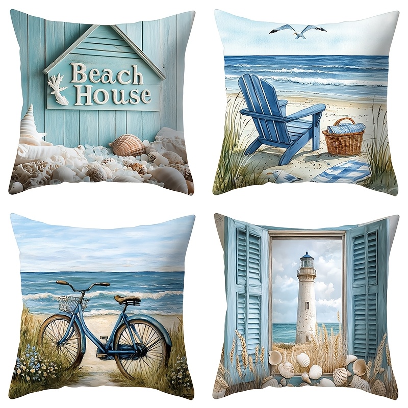 

4-pack Coastal Beach-themed Pillow Covers, 17.72" Square, Zippered Polyester Cushion Cases, Machine Washable, Decorative Woven Throw Pillowcases For Sofa And Living Room Decor