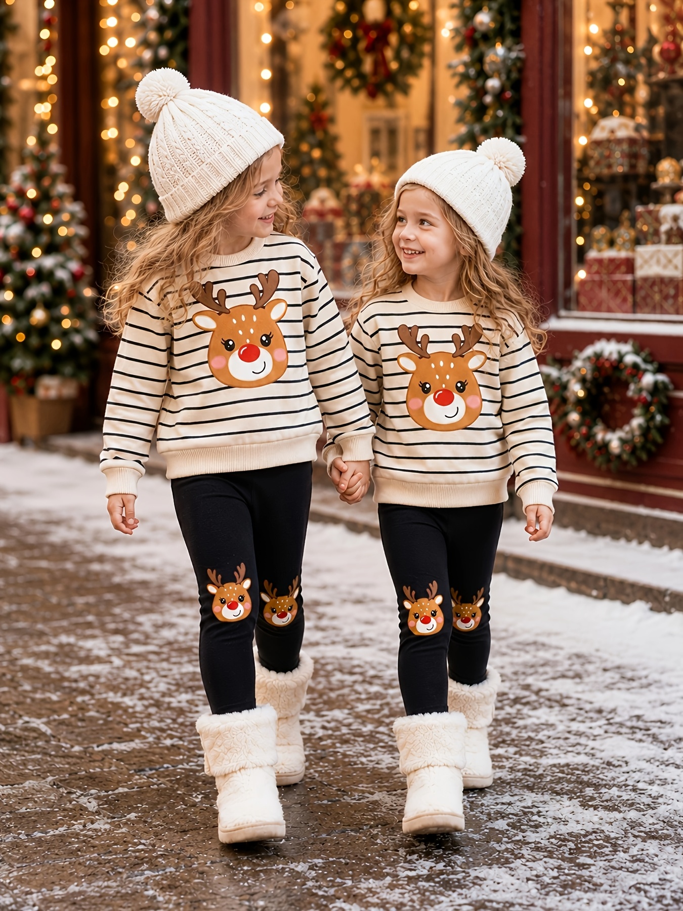 item picture 2 piece set girls round neck sweatshirt and long pants set featuring a   shoulder round neck sweatshirt with a cute christmas cartoon reindeer pattern stylish design suitable for girls aged 1 8 to wear in autumn and winter