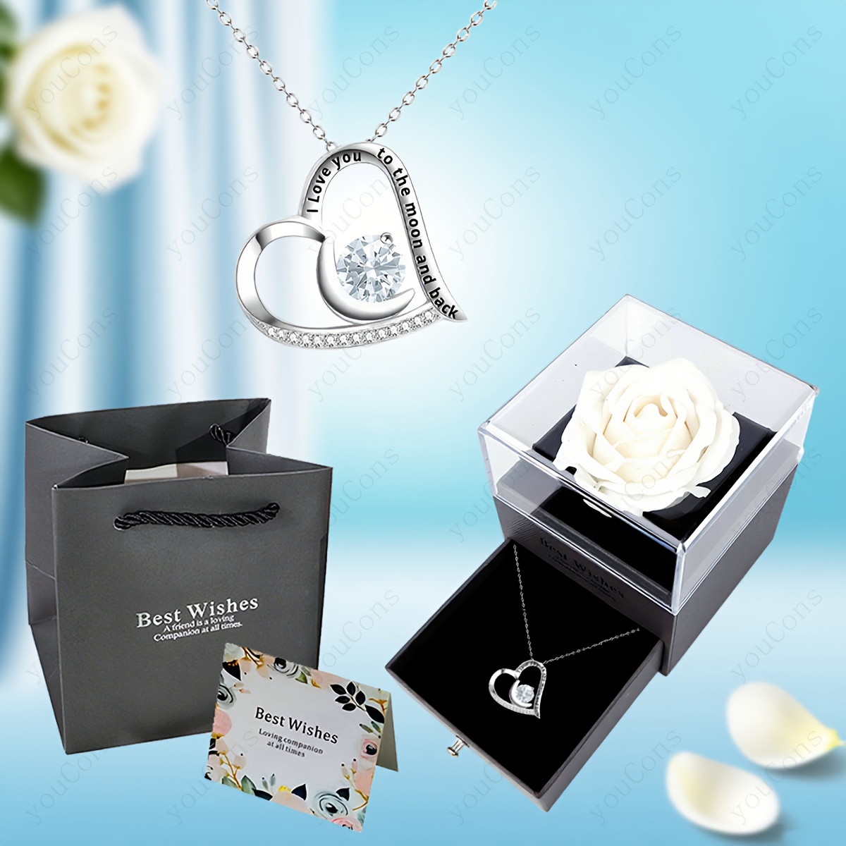 Exquisite White Cubic Zirconia Heart Crescent Pendant Necklace
