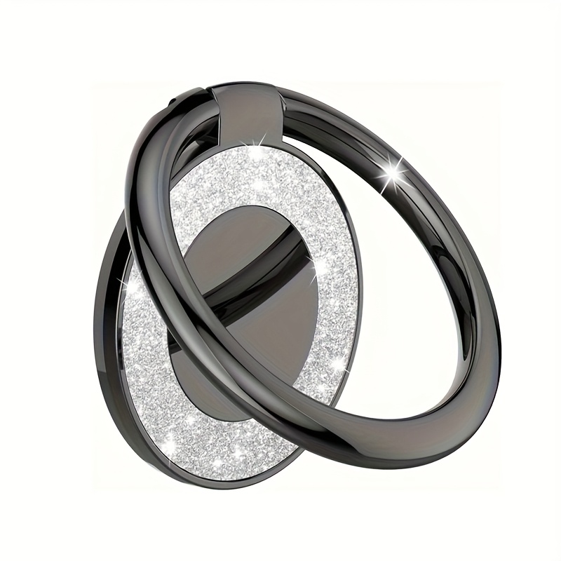 Image of Qghappy Alloy Finger Ring Phone Holder – 360° Rotation, Bling Rhinestone-studded Grip Stand For All Phones, Portable Adhesive Mount, Black, Bling, And Design, Phone Grip Holder
