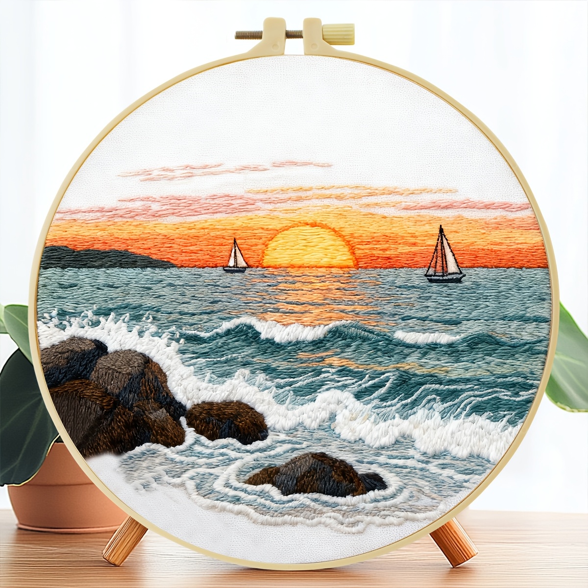TEMU 1 Set Of Embroidery Kit, Size 15 * 15cm/5.9 * 5.9in-20 * 20cm/7.9 * 7.9in, Themed Sunrise By The Seaside, With Embroidery Frame And Handmade Diy