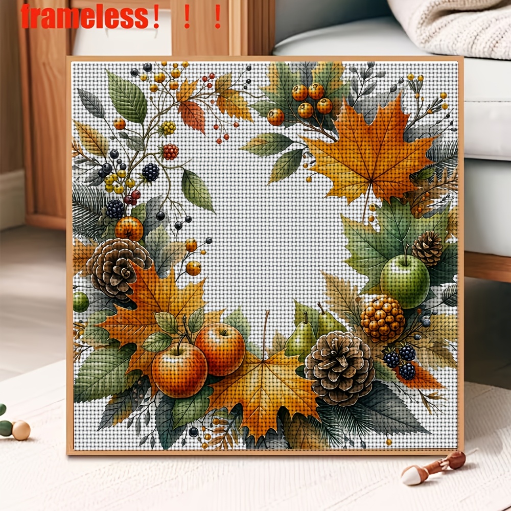 New Cross Stitch Printed Kit, "Autumn Fruit Leaf Wreath" Pattern