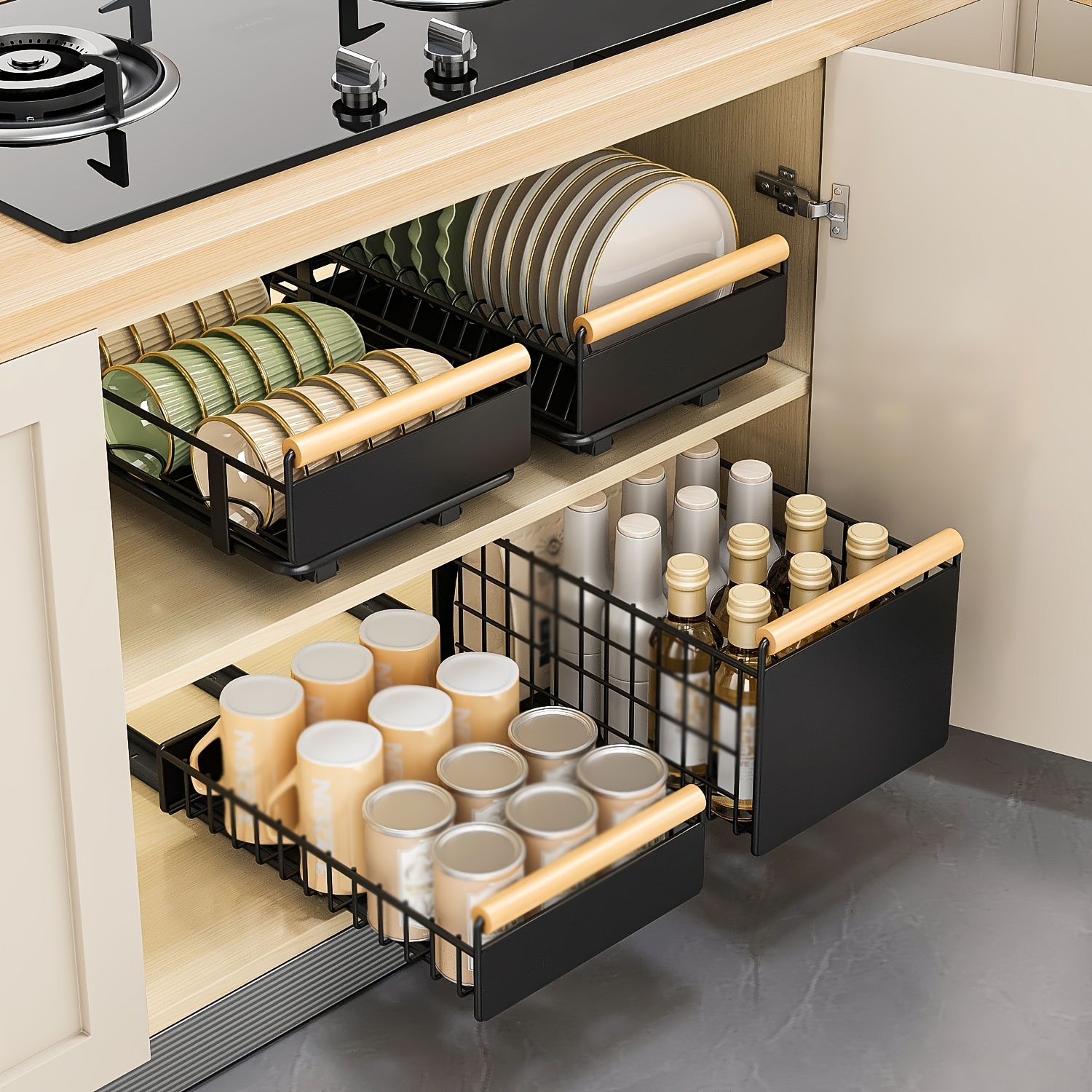 TEMU 1-piece Set Black Metal Pull-out Cabinet Organizers With Wooden Handles, Kitchen Dish And Plate Drainer Rack, Pre-assembled Painted Carbon Steel Storage System, Strong & Stable Lightweight Design