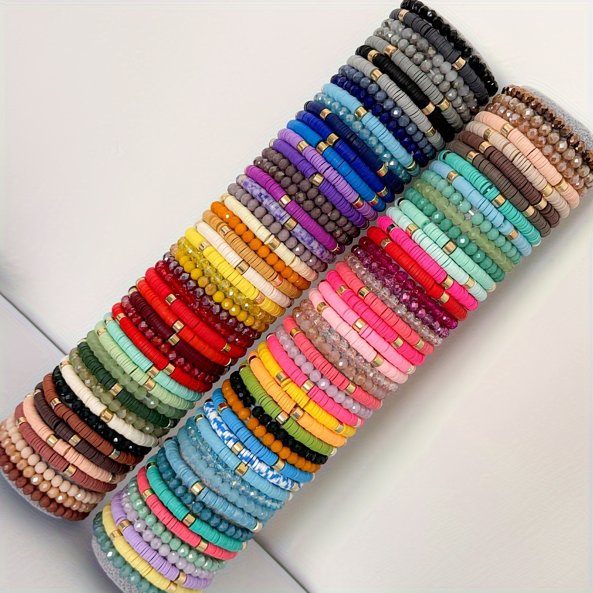 

98-piece Set Bohemian Style Stretch Bead Bracelets For Women - Elegant Polymer Clay Glass Beads, No Plating, Daily Wear Reflective Shimmer, All-season Versatile Jewelry Collection