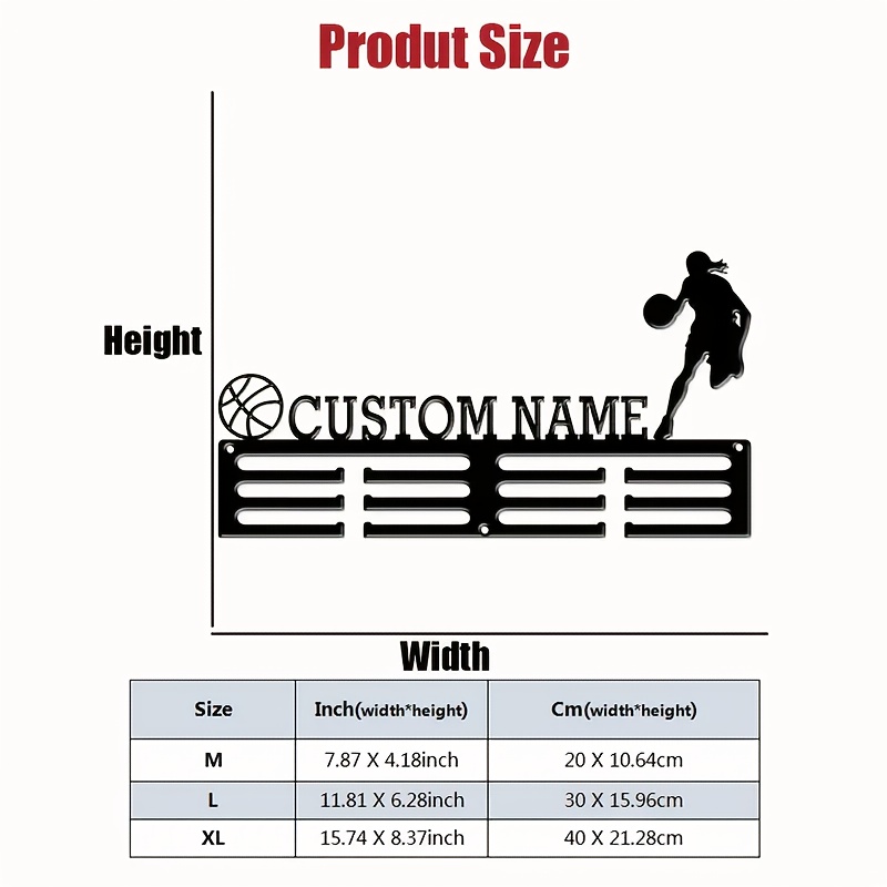 TEMU 1pc Personalized Sports Medal Holder Wall Art - Customizable Basketball Silhouette, Indoor Iron Hanging Decor For Running, Marathon, Football,