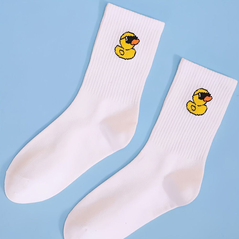Image of 1 Pair Men's Cartoon Yellow Duck Mid-calf Socks - Vibrant Yellow With Fashion Glasses , Soft Breathable Fabric, Hand Wash Only, Casual & Lounge Wear, Sock, Whimsical Sock Design