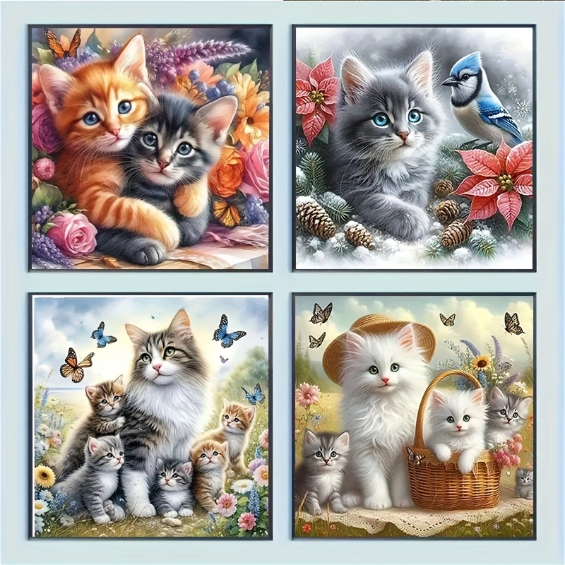 Image of 4pcs Set Of Cute Diamond Painting Kit - 20x20cm Diy Round Acrylic Diamonds, Design - Ideal For Hangings And Animal Art