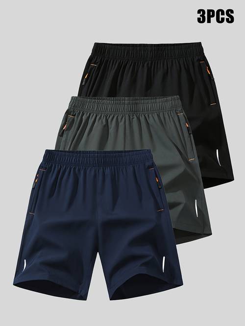 3pcs mens summer casual shorts elastic drawstring waist lightweight breathable fabric loose fit with pockets for swimming surfing beach outdoor activities black navy dark grey