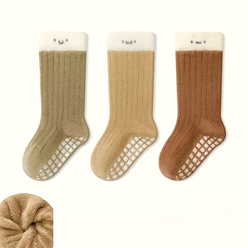 Image of 3-pair Baby Floor Socks, Winter Thermal Mid-calf Socks For Children, Unisex Toddler Indoor Anti-slip Cool-proof Socks For Learning To Walk