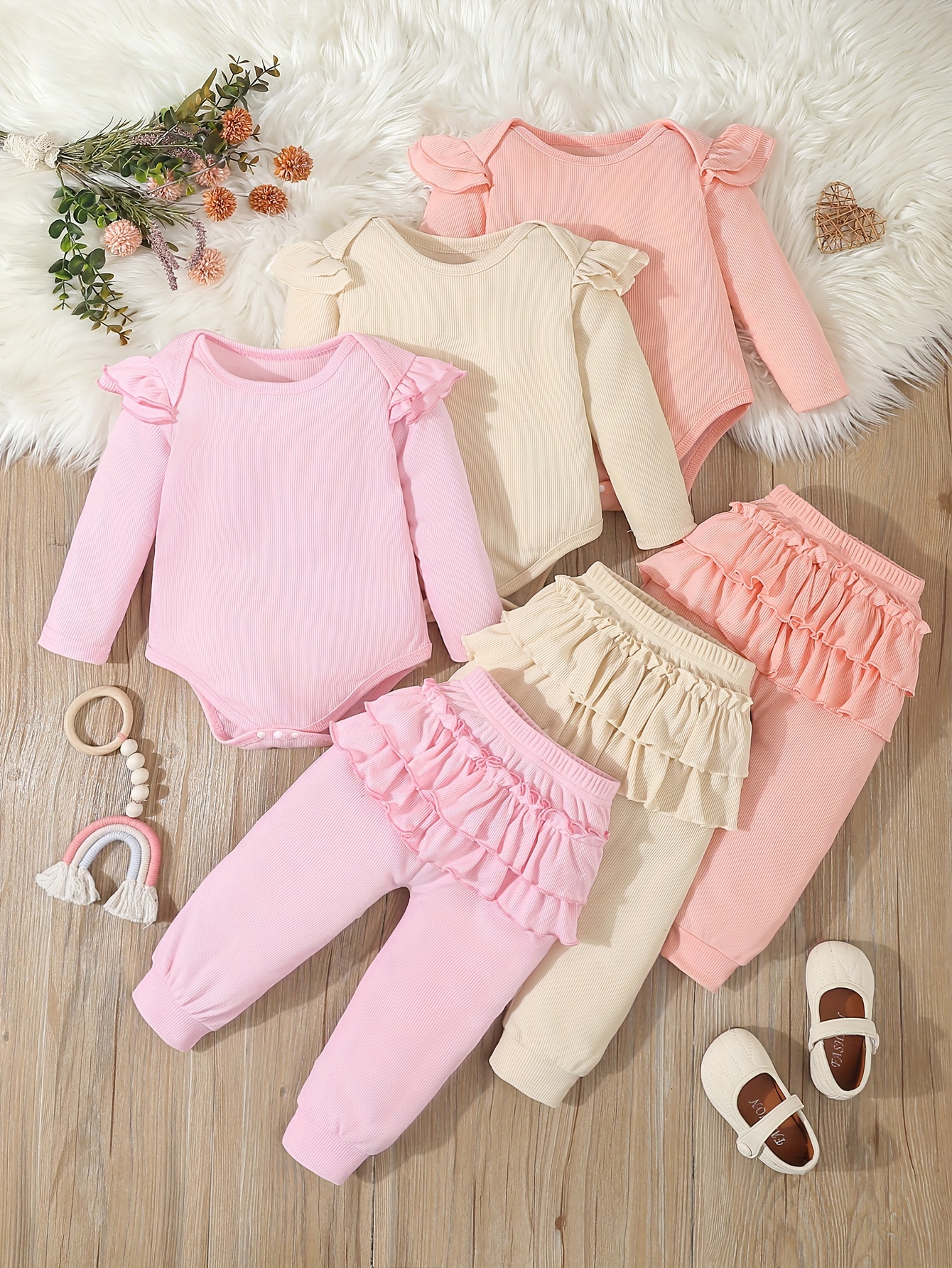 Baby Girl Ruffle Long Sleeve Bodysuit Onesie Flare Pants Set Temu Canada