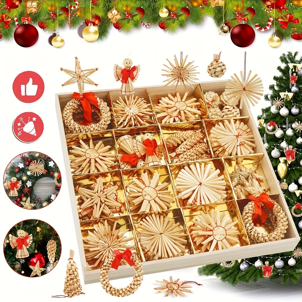 Image of Straw Ornaments Set, 56pcs Xmas Tree Decorations Including Stars Snowflakes Hearts Wreath For Christmas Tree
