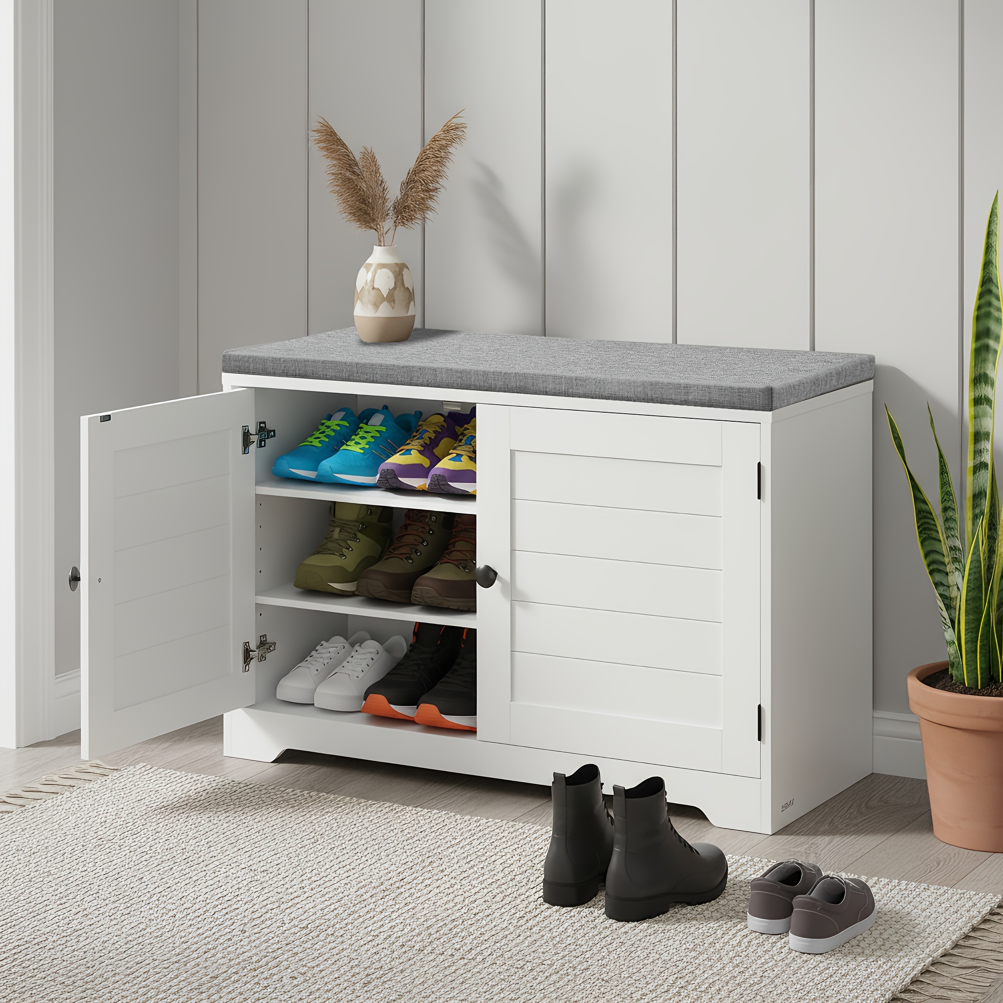 Shoe Bench With Doors, Adjustable Shelves, 35.5 X 81 X 52.5 Cm, For Entryway, Bedroom, White