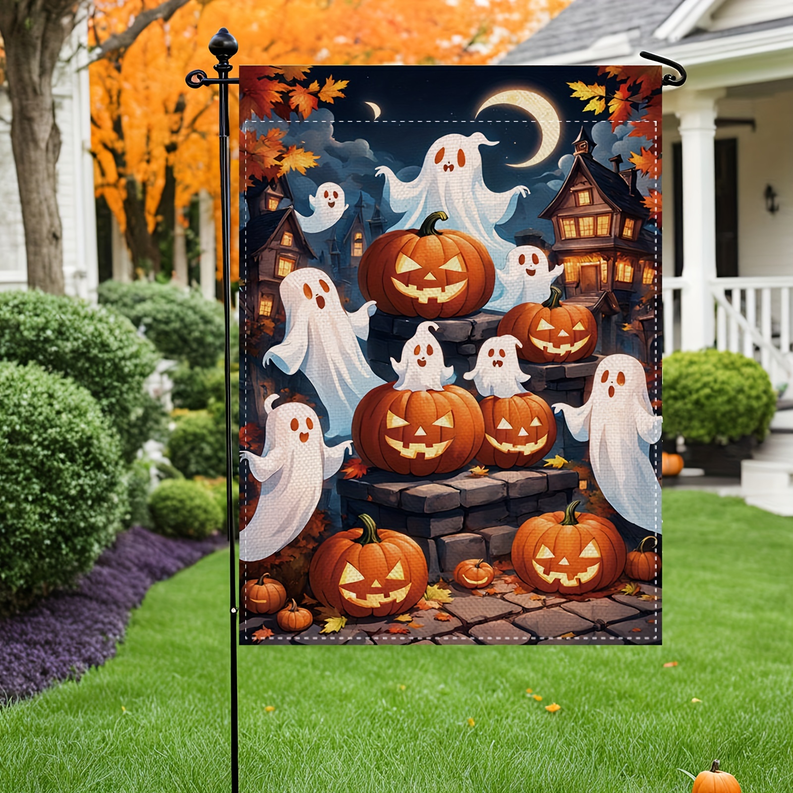 

Double Sided Linen Burlap Halloween Garden Flag - 12x18 Inch, Ghost And Pumpkin Decor, Machine Washable, Perfect For Lawn And Porch