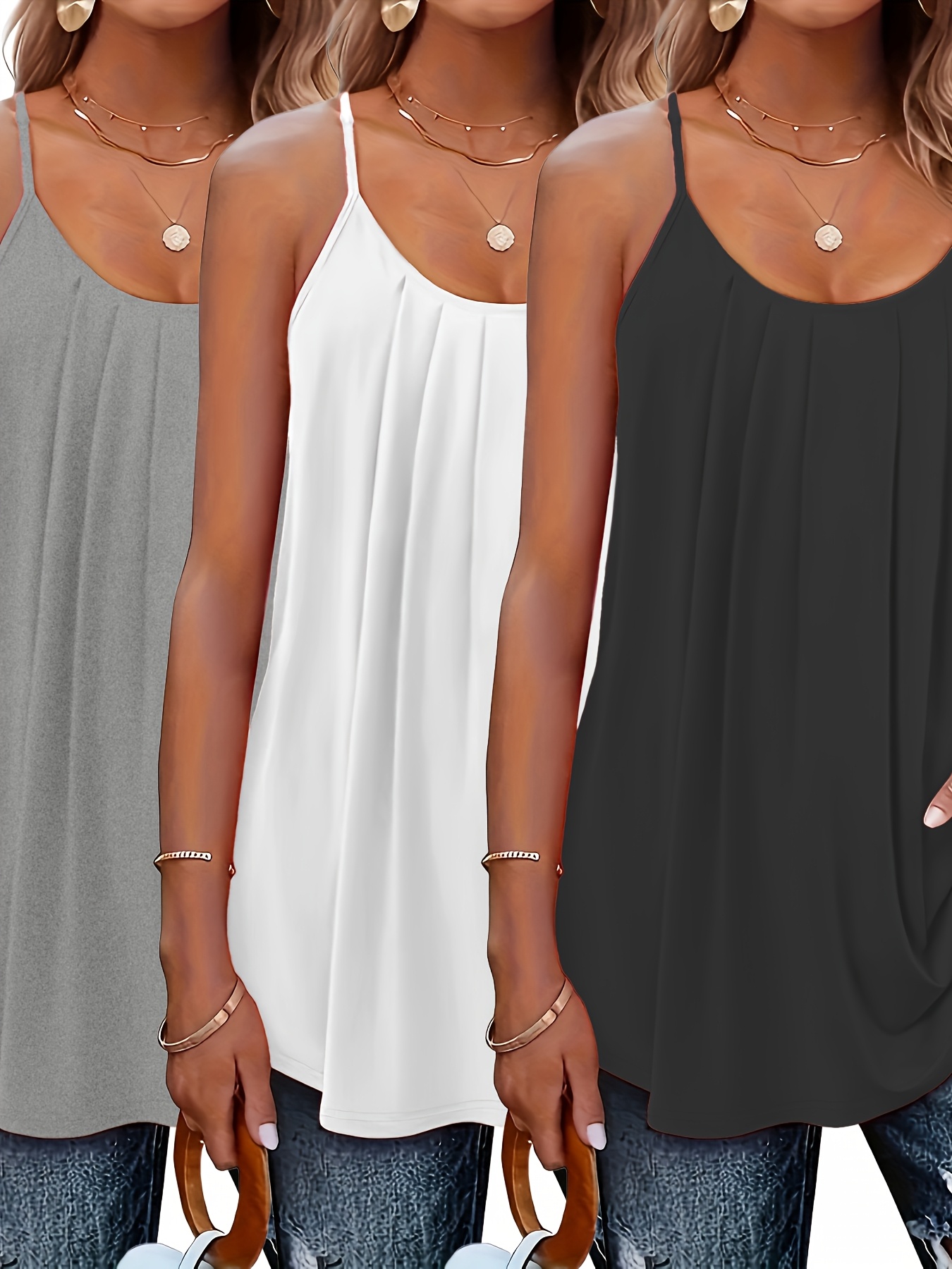   directional large size womens sleeveless strap vest 3pcs set casual loose fit soft fabric   summer versatile matching