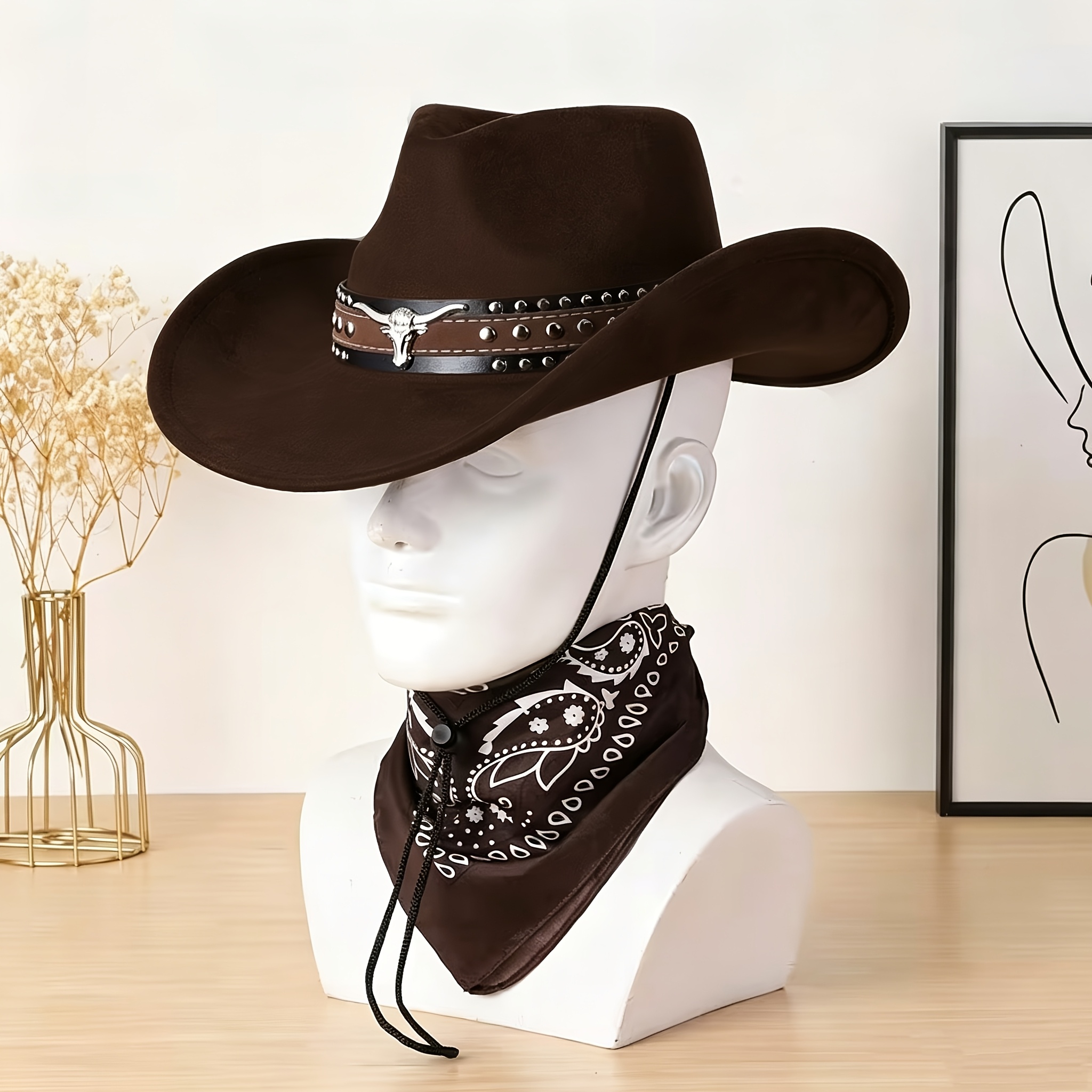 TEMU Western Cowboy Hat And Bandana Set, Cowboy Style, Women's Cowboy Hat, Men's Cowboy Hat, With Removable Silvery Bull Skull Band Decoration,
