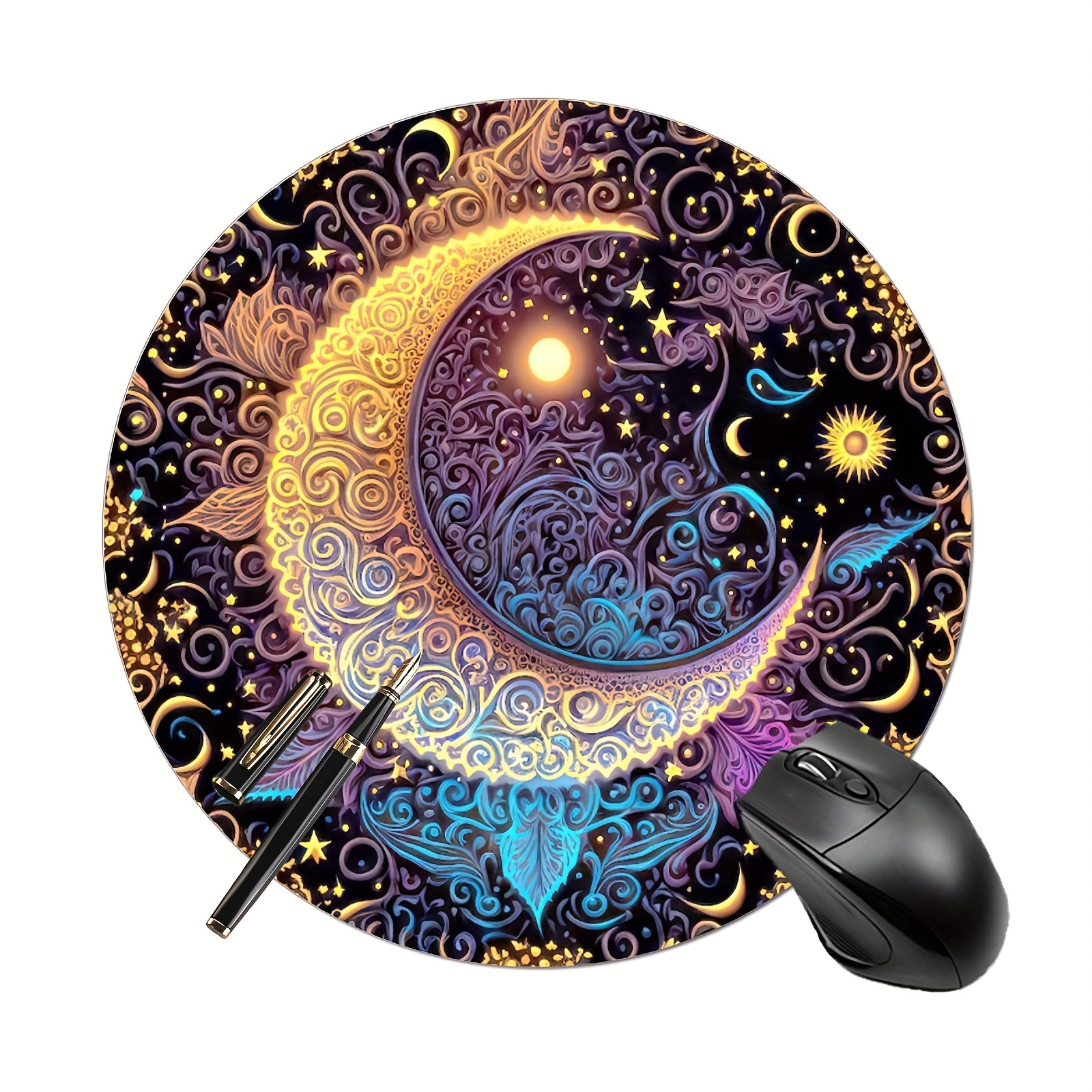 

1pc Gaming Mouse Pad, Cool Design For Women And Girls Round Mousepad, Non-slip Rubber Mouse Mat, Suitable For Office Computers, Laptops - Sun And Moon