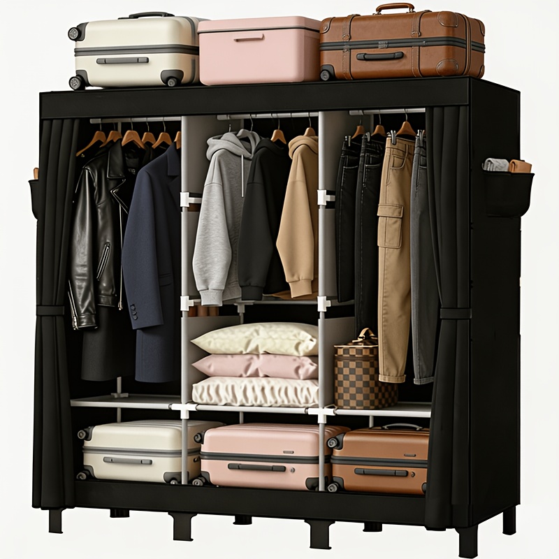 TEMU Portable Closet, 51.18" Large Capacity Clothing Storage Organizer With 3 Hanging Rods 6 Shelves 4 Side Pockets, Dustproof Sturdy Wardrobe For